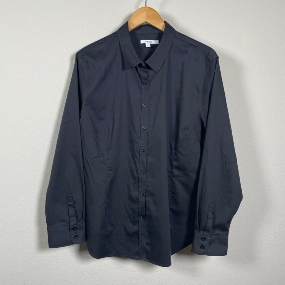 Chico's Button Up Shirt Women 3.5 US 18 Navy Blue Stretch Cotton Long Sleeve